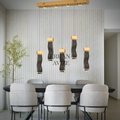 EAPV-115 5li Sıralı Yemek Masası Gold Kristal Detaylı LED Avize