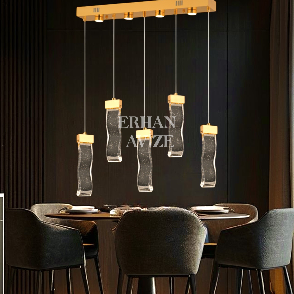 EAPV-115 5li Sıralı Yemek Masası Gold Kristal Detaylı LED Avize