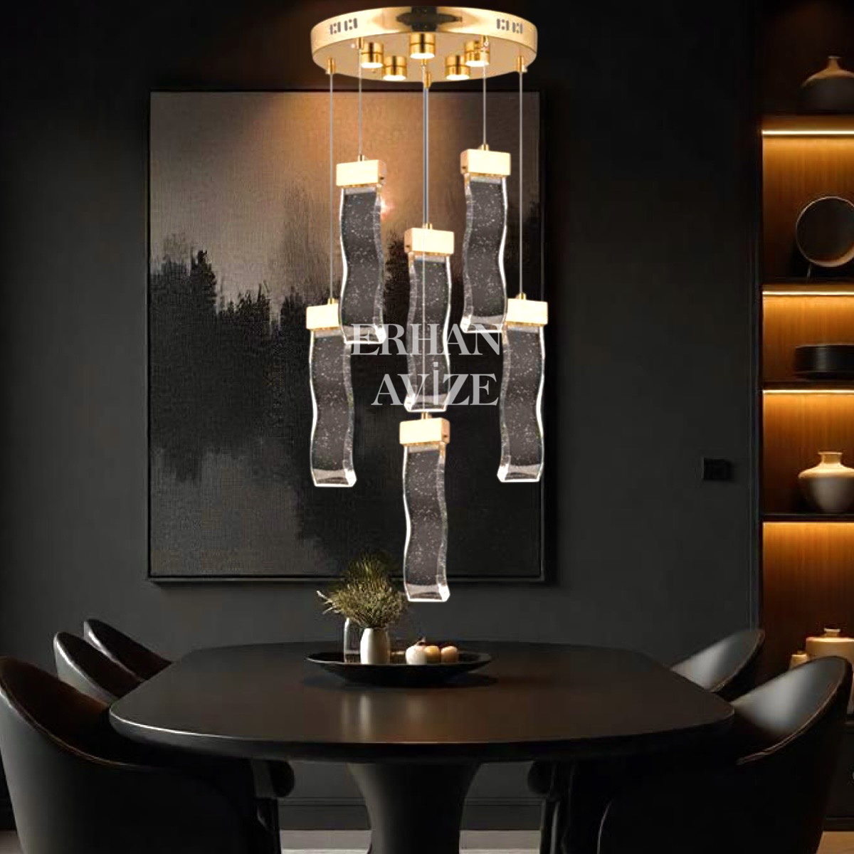 EAPV-115 6'lı Yuvarlak Gold Kristal Detaylı LED Avize