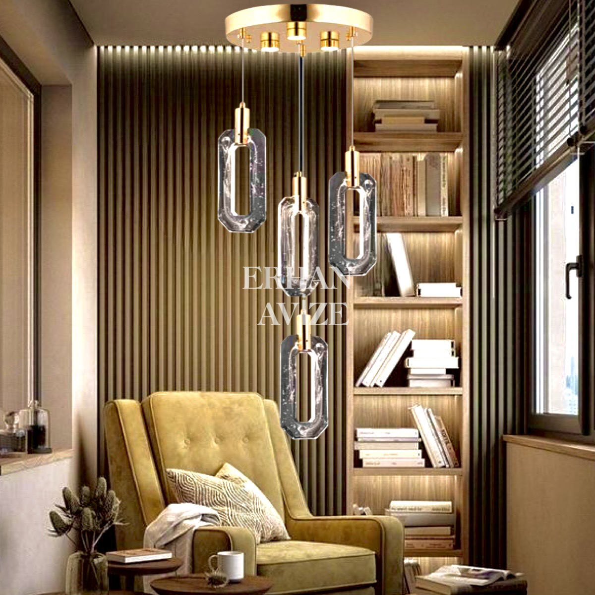 EAPV-117 4'lü Gold Kristal Detaylı LED Avize