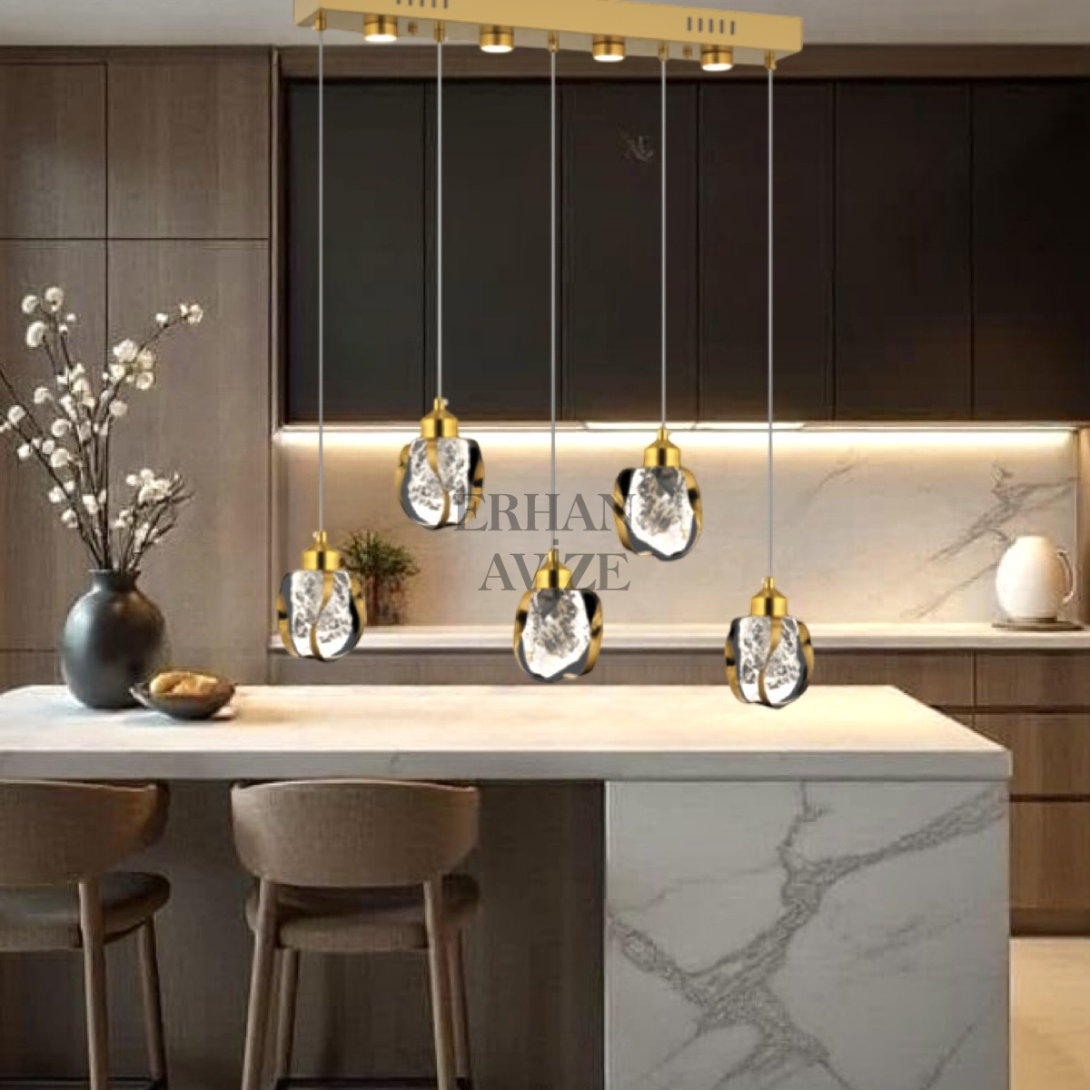 EAPV-163 5'li Sıralı Yemek Masası Eskitme Kristal Detaylı LED Avize
