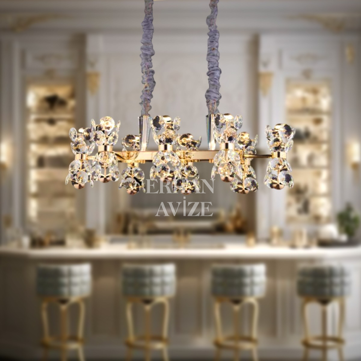 EAPD-137 Yemek Masası Kristalli Gold LED Avize