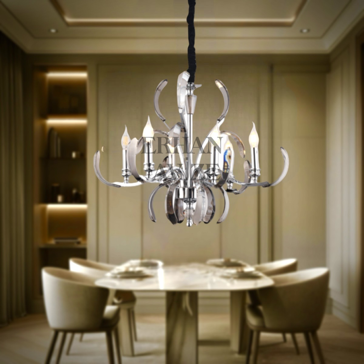 EADM-24 Kollu Kristal detaylı 6’lı Krom Avize