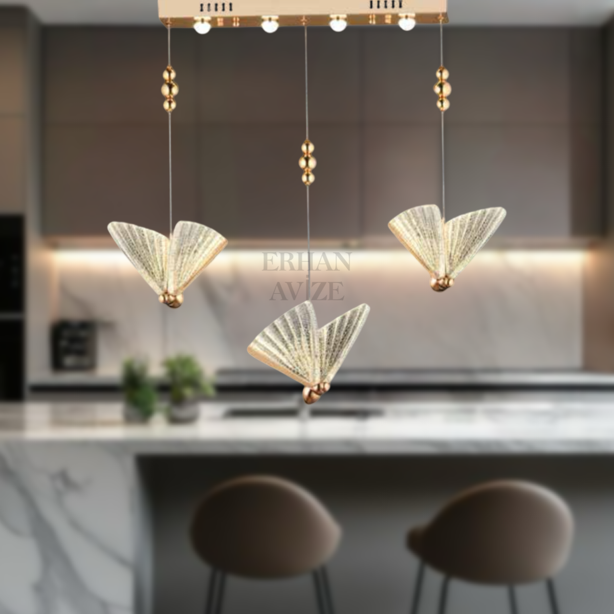 EAAD-82 YM 3’lü Kristal Gold Sıralı LED Avize