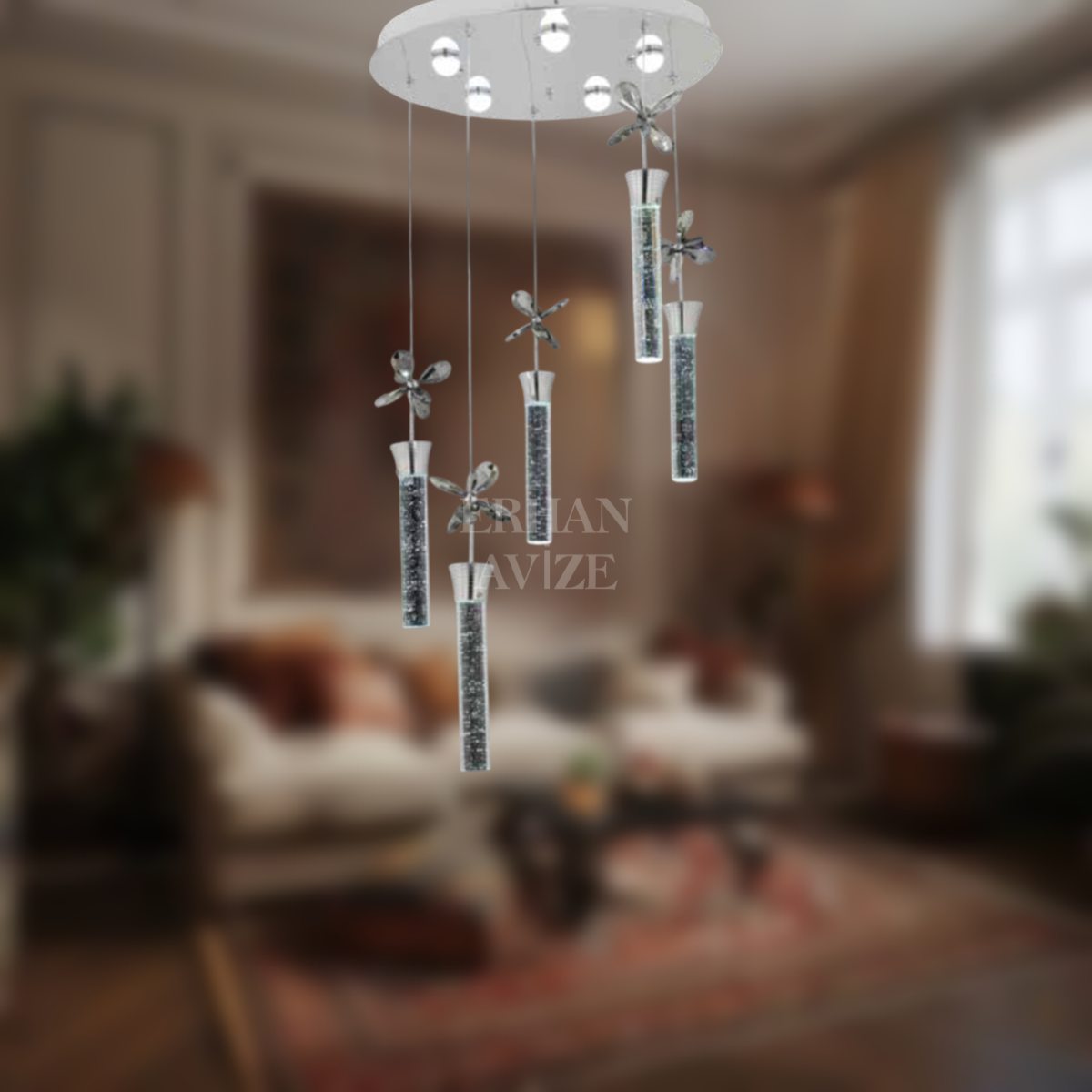 EAAD-34 5’li Kristal Sarkıt Krom LED Avize