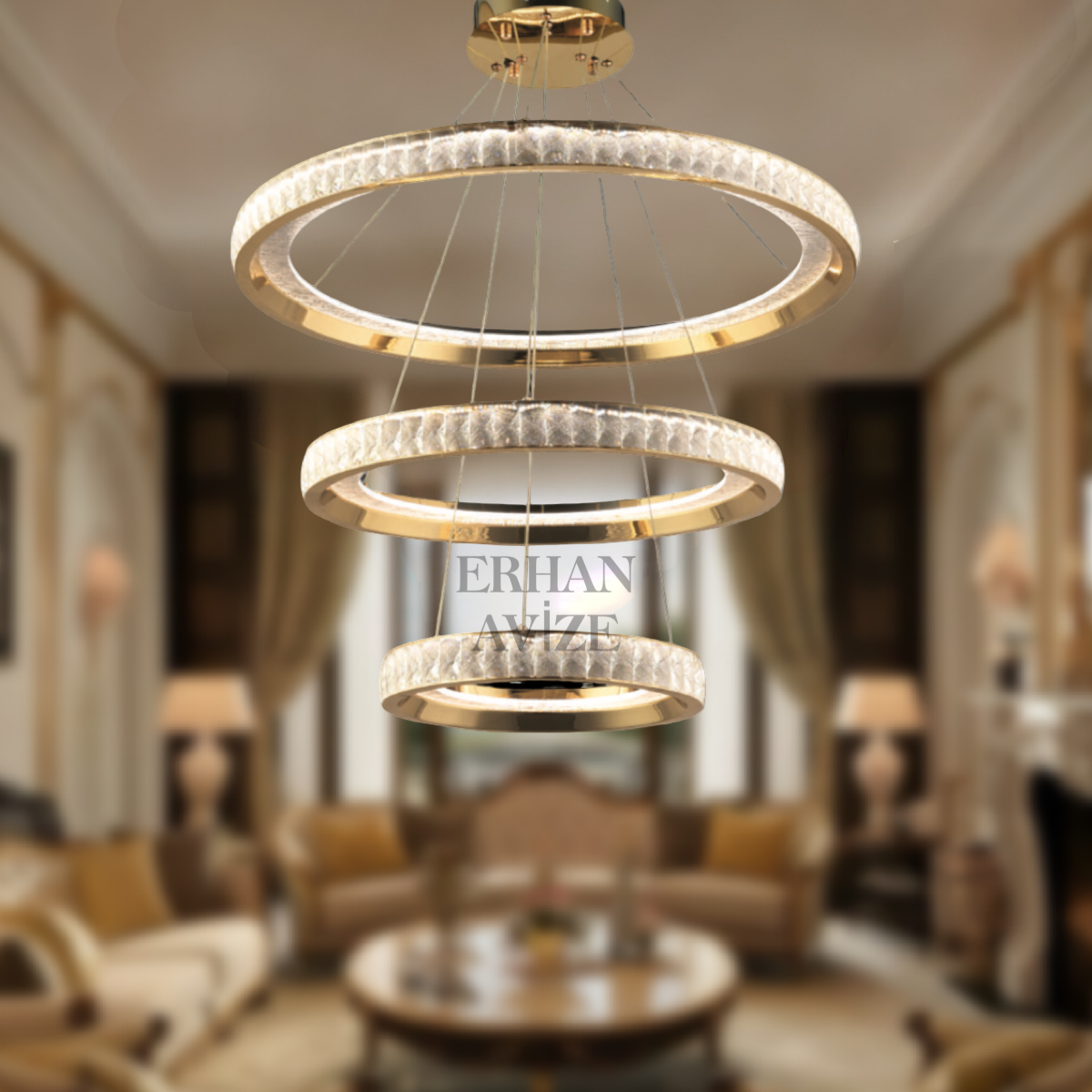 EASD-259 3 Katlı Kristal Gold LED Avize